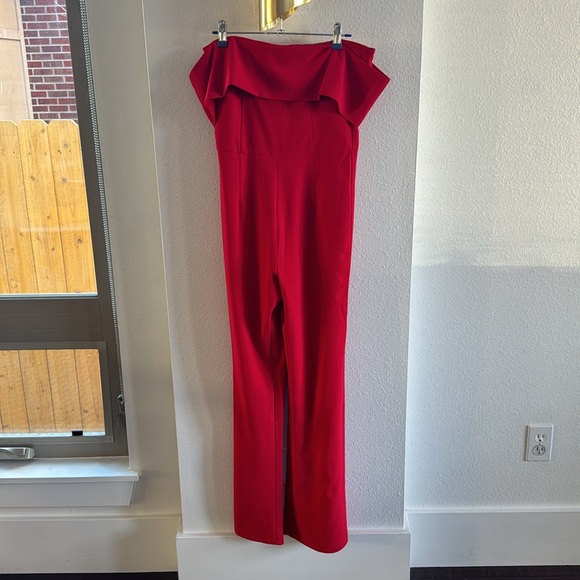 By The Way x Revolve Aubrey Red Off the Shoulder Drape One Piece Jumpsuit - Picture 4 of 7